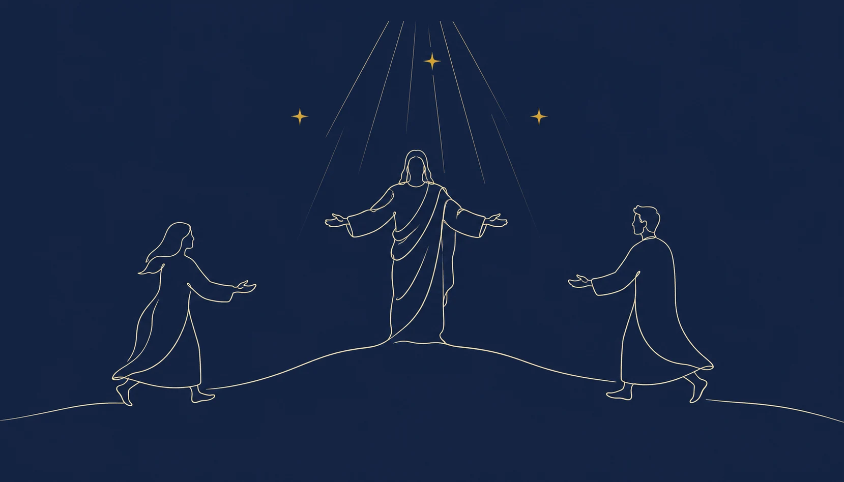 Jesús con los brazos abiertos recibe a dos personas que caminan hacia Él bajo un cielo estrellado